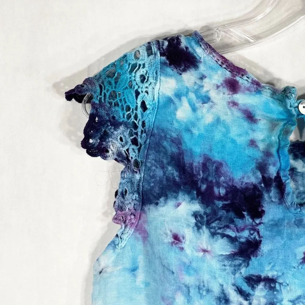 Viola Borghi Medium Top Victory Dance Tie Dye Handmade Blue Linen Lace 1611‎